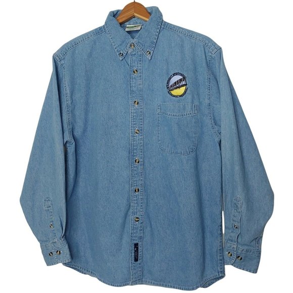 Vintage Wright Brothers National Memorial Men S Button Down Shirt Blue Chambray - Picture 1 of 7